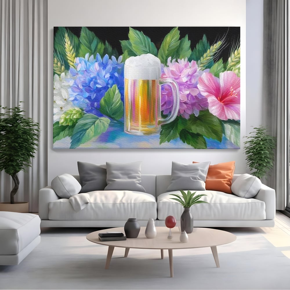 Tablou canvas cu tablou canvas cu halba de bere si flori, fara rama, pe sasiu de lemn, pe perete intr-un living